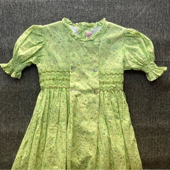 F487 La Coqueta Green Floral Carla Dress Hand Smocked Girls 6 6Y - Picture 3 of 13